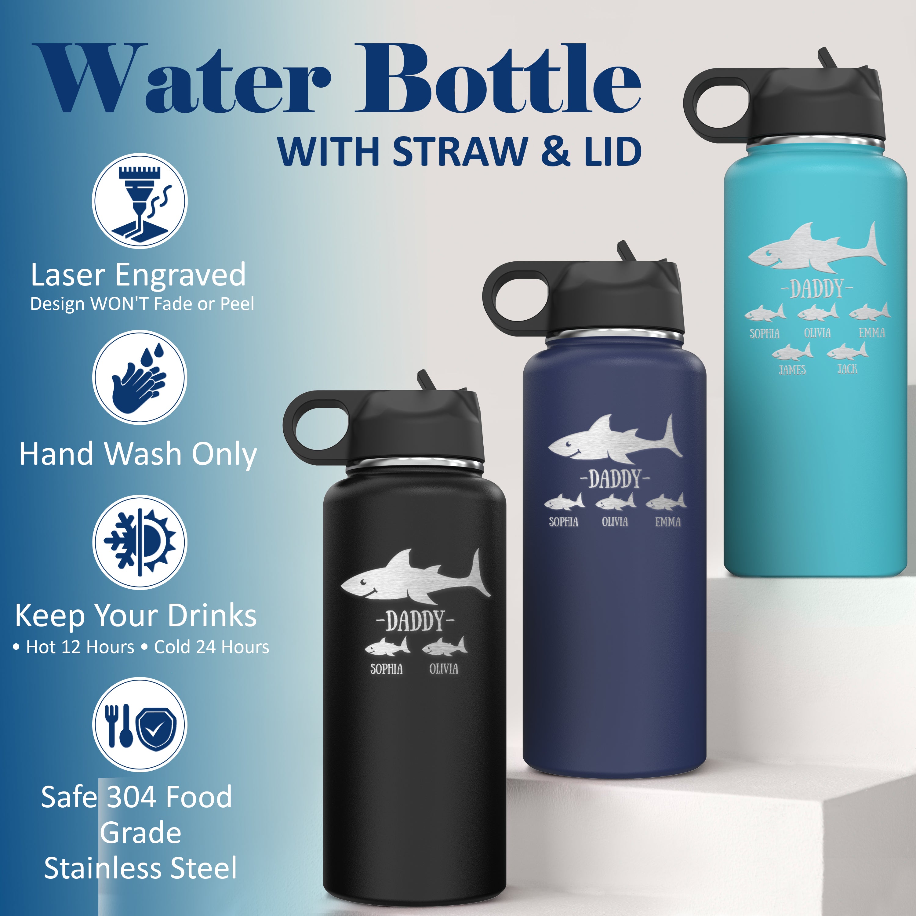 Custom Personalized Daddy Shark Water Bottle 32oz.