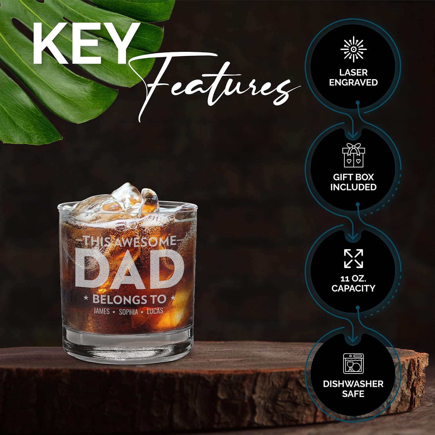 Custom Personalized This Awesome Dad Belongs to Children's Name Engraved Whiskey Glass 11 oz.