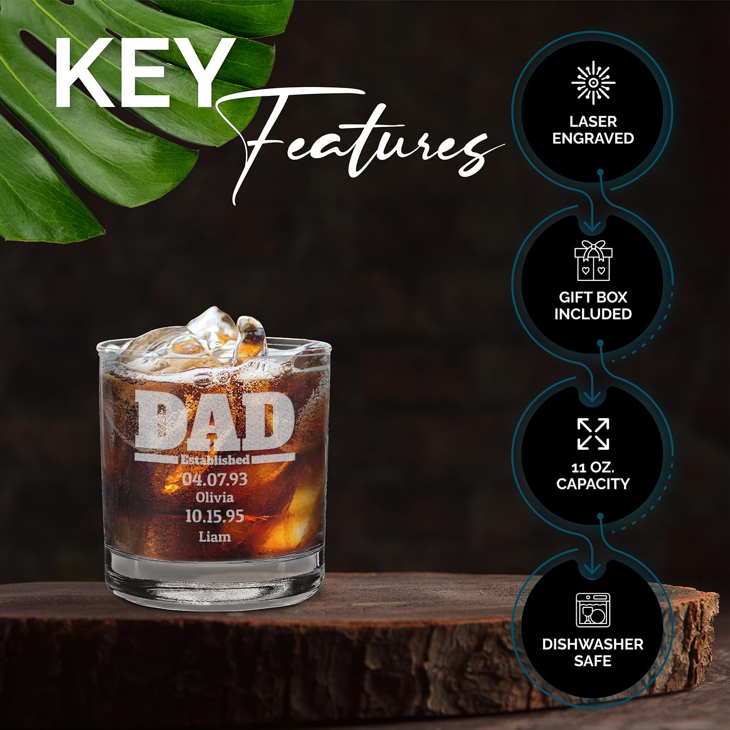 Custom Personalized Dad Established Children's Name Birthdate Engraved Whiskey Glass 11 oz.