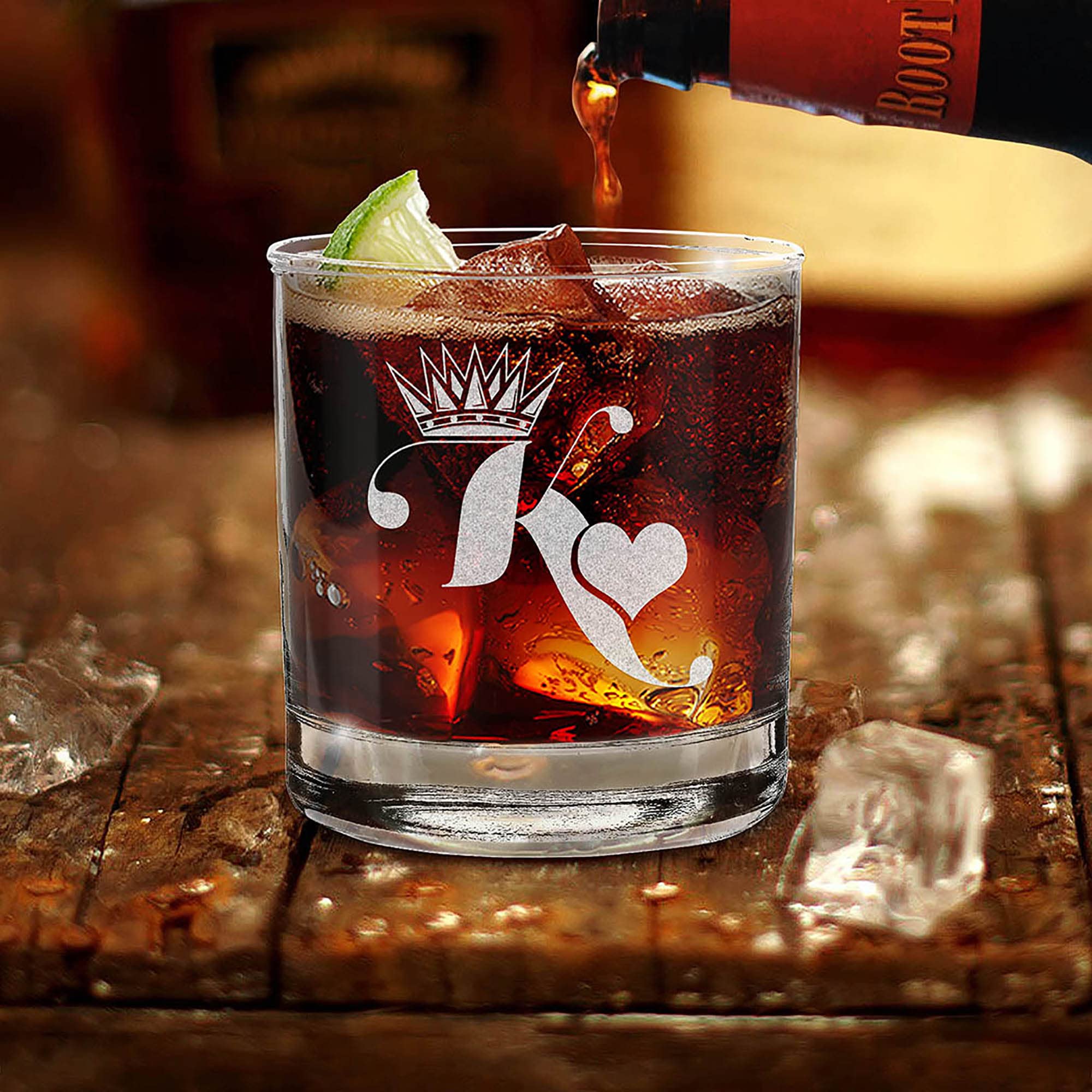 King & Queen of Hearts Couples Gift Set Engraved Whiskey Glass and Stemless Wine Glass.