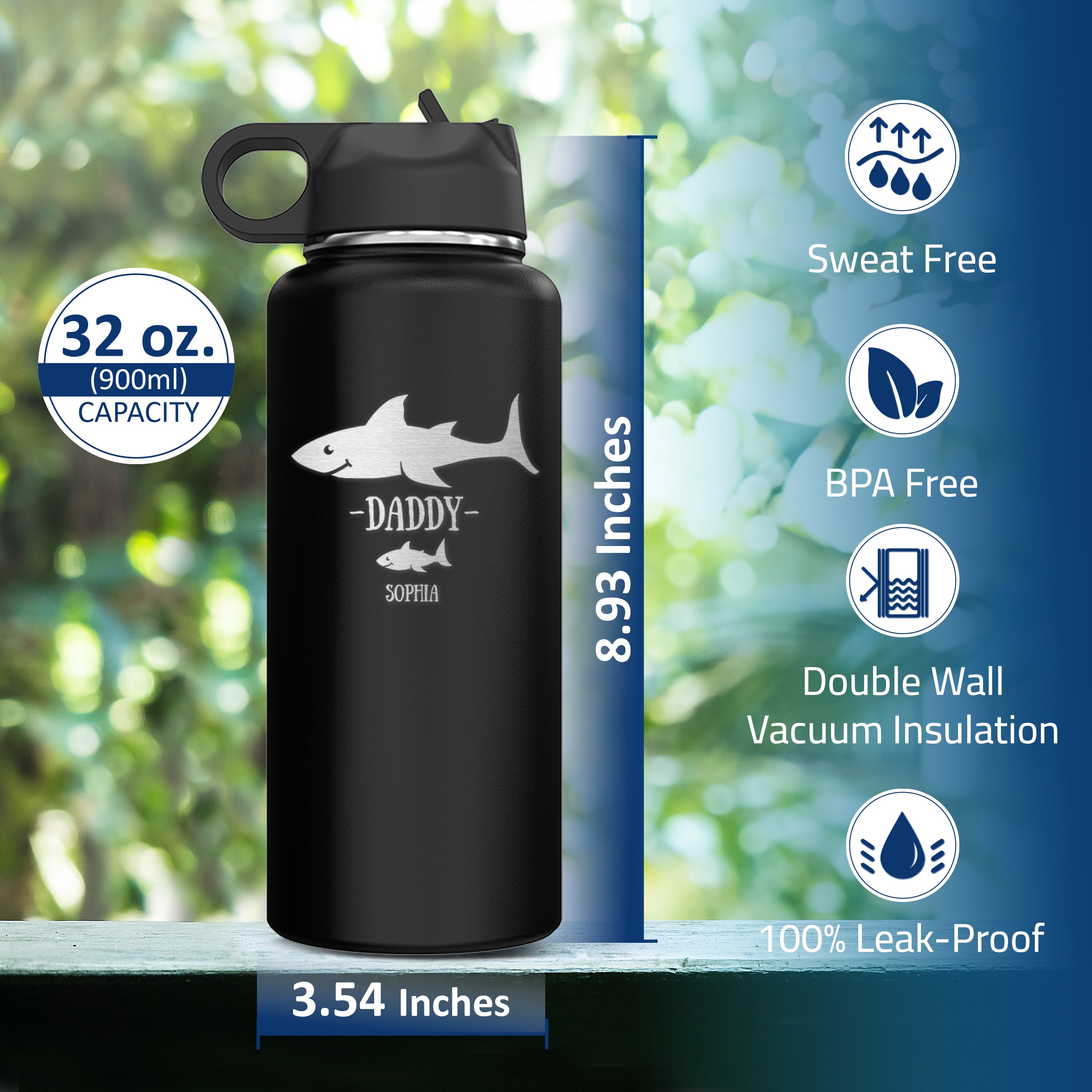 Custom Personalized Daddy Shark Water Bottle 32oz.