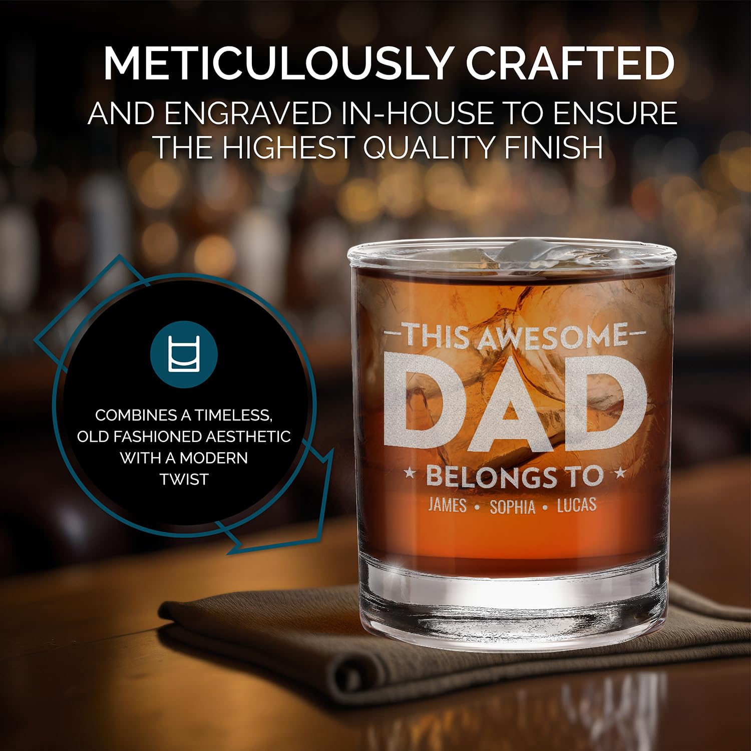 Custom Personalized This Awesome Dad Belongs to Children's Name Engraved Whiskey Glass 11 oz.