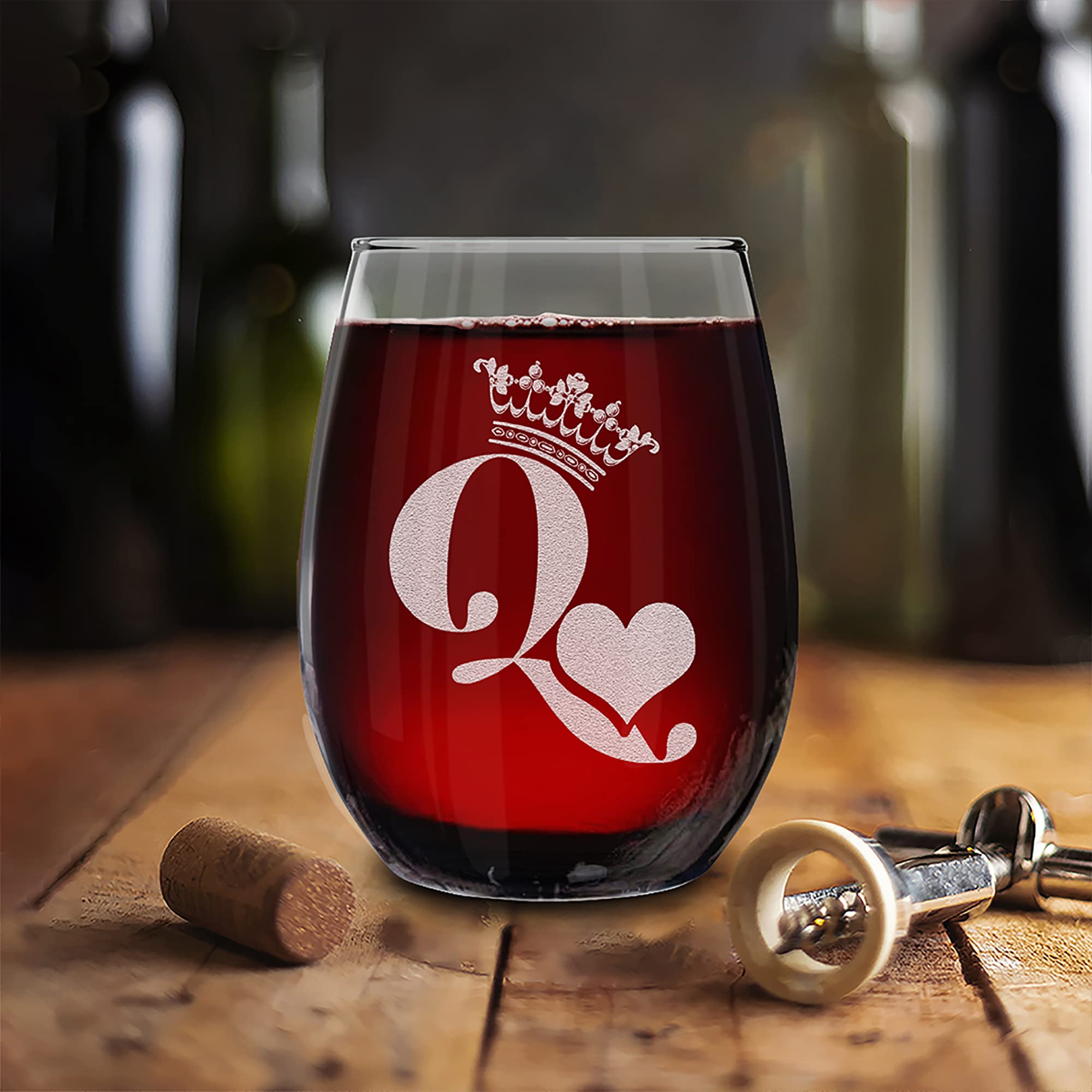 King & Queen of Hearts Couples Gift Set Engraved Whiskey Glass and Stemless Wine Glass.