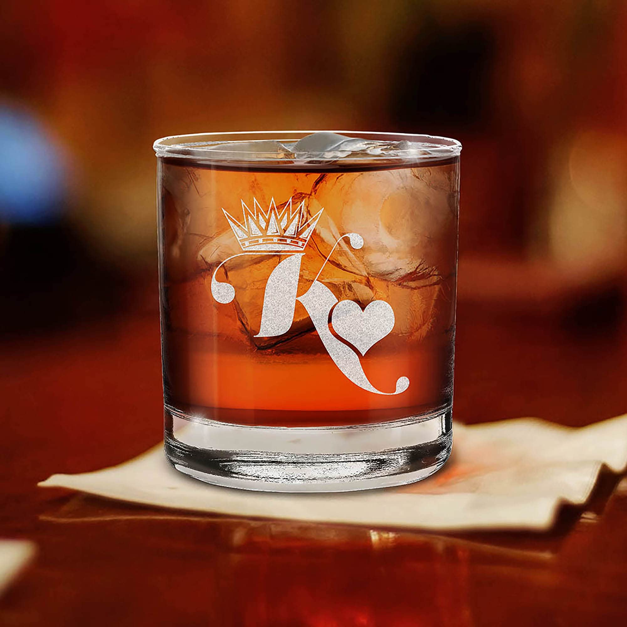 King & Queen of Hearts Couples Gift Set Engraved Whiskey Glass and Stemless Wine Glass.