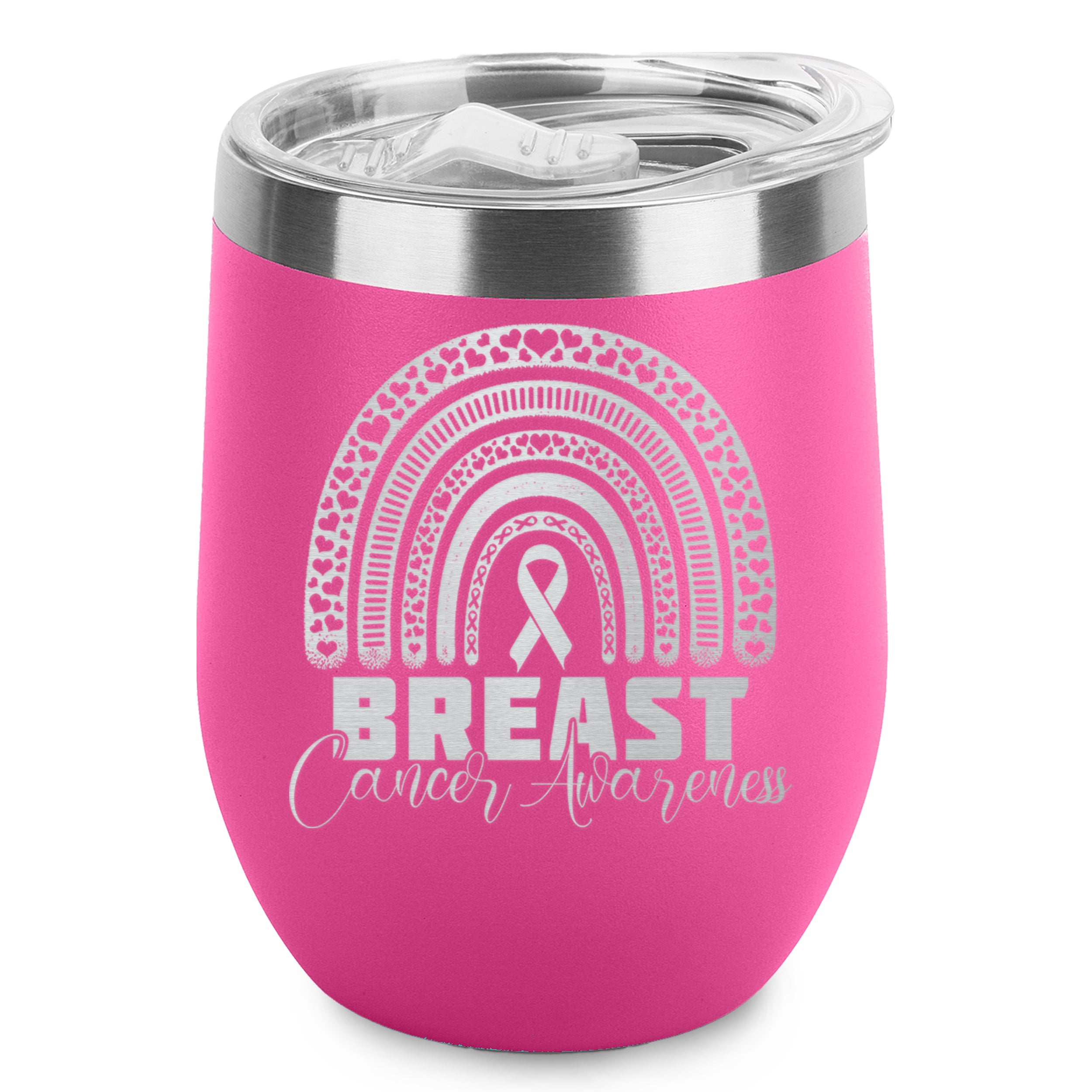 Breast Cancer Awareness Rainbow Engraved Insulated Stainless Steel Wine Tumbler with Lid 12 oz.