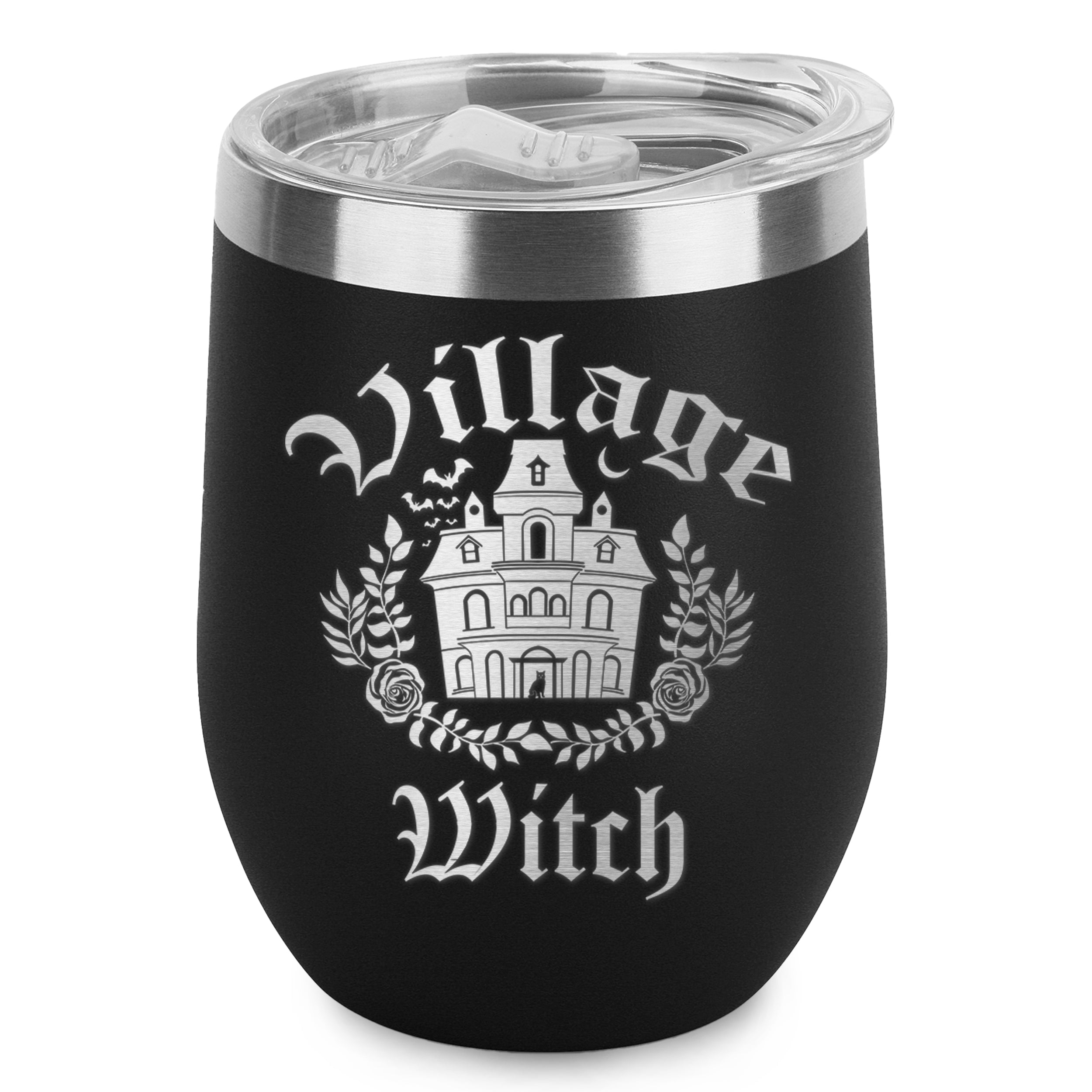 Village Witch Engraved Insulated Stainless Steel Wine Tumbler with Lid 12 oz.