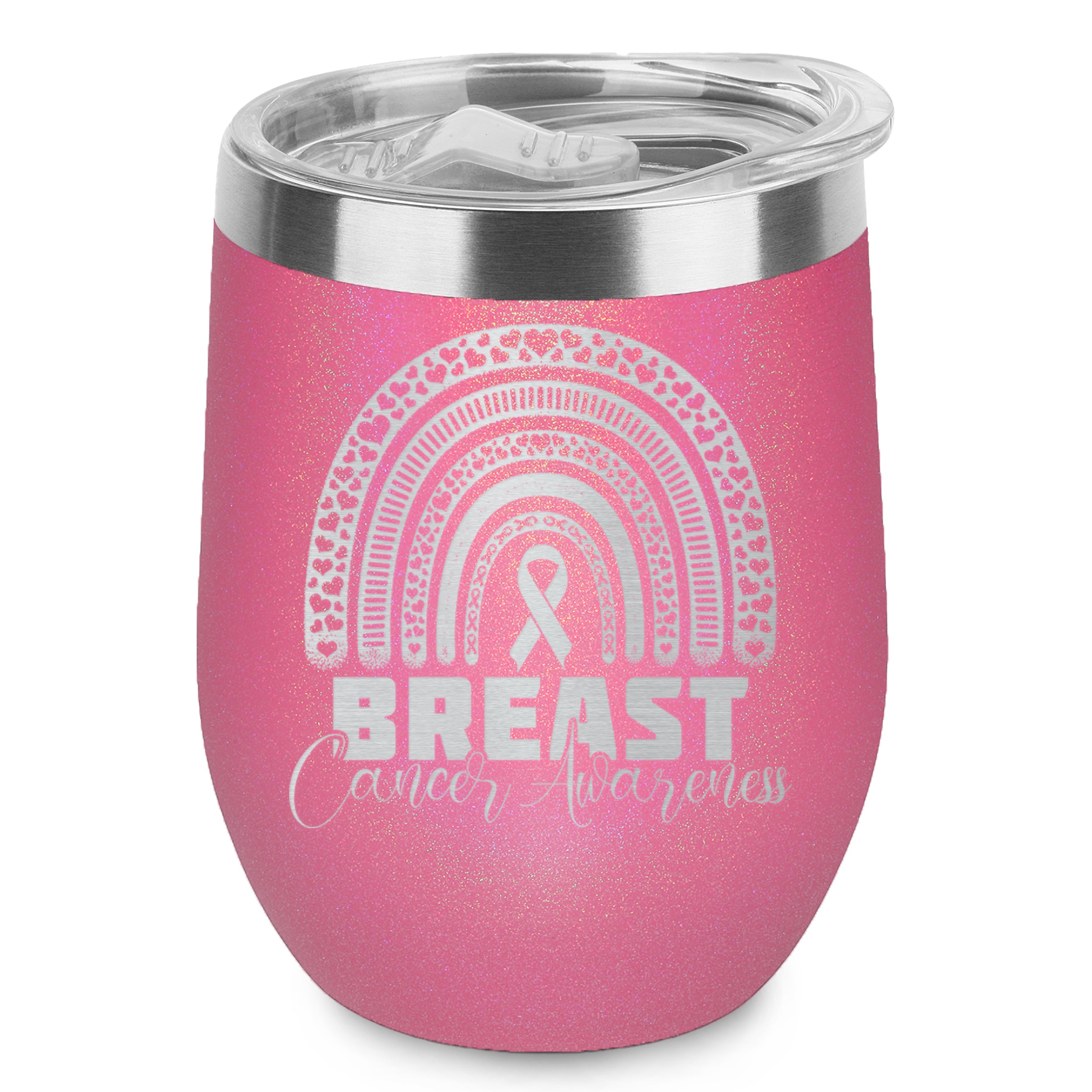 Breast Cancer Awareness Rainbow Engraved Insulated Stainless Steel Wine Tumbler with Lid 12 oz.