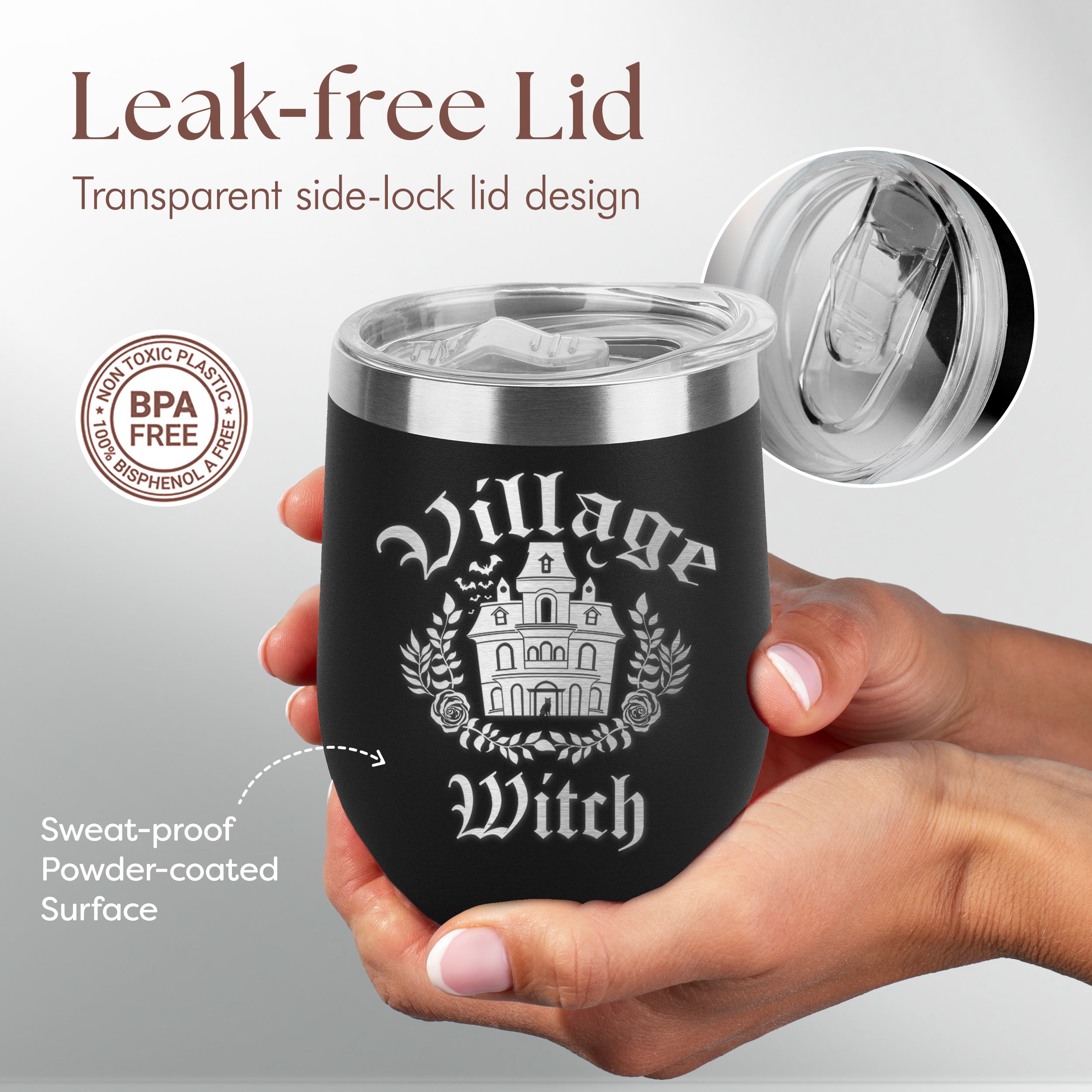 Village Witch Engraved Insulated Stainless Steel Wine Tumbler with Lid 12 oz.