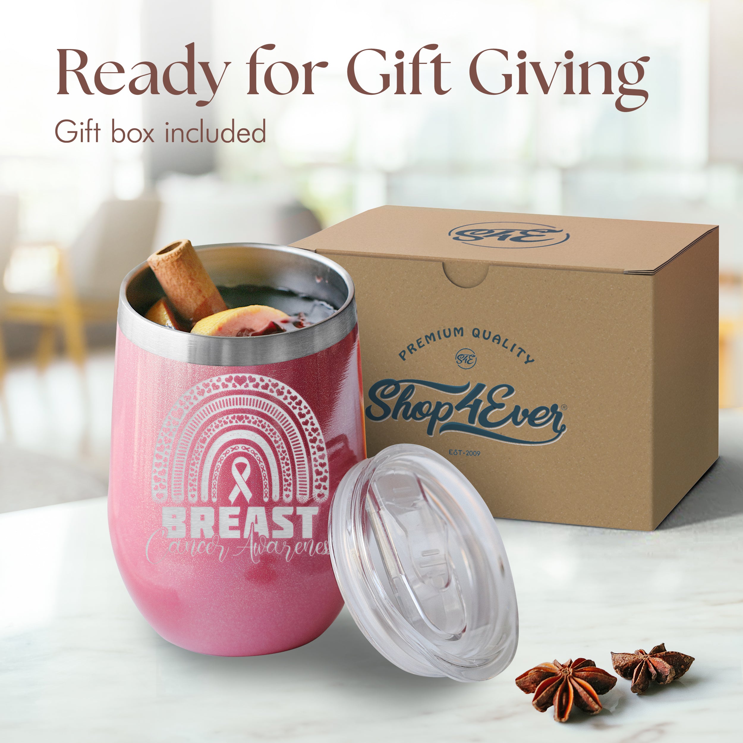 Breast Cancer Awareness Rainbow Engraved Insulated Stainless Steel Wine Tumbler with Lid 12 oz.