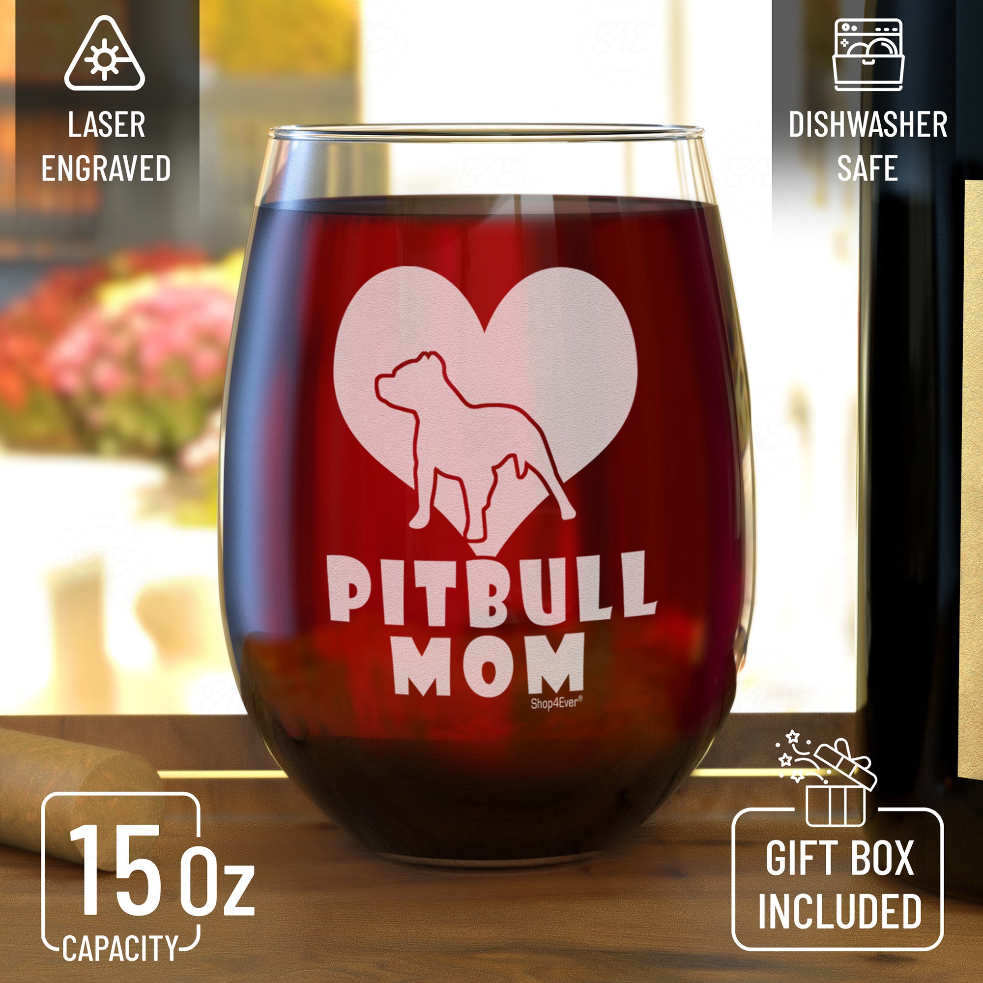 Pitbull Mom Laser Engraved Stemless Wine Glass Pitbull Mama Pittie Dog Mom Glass