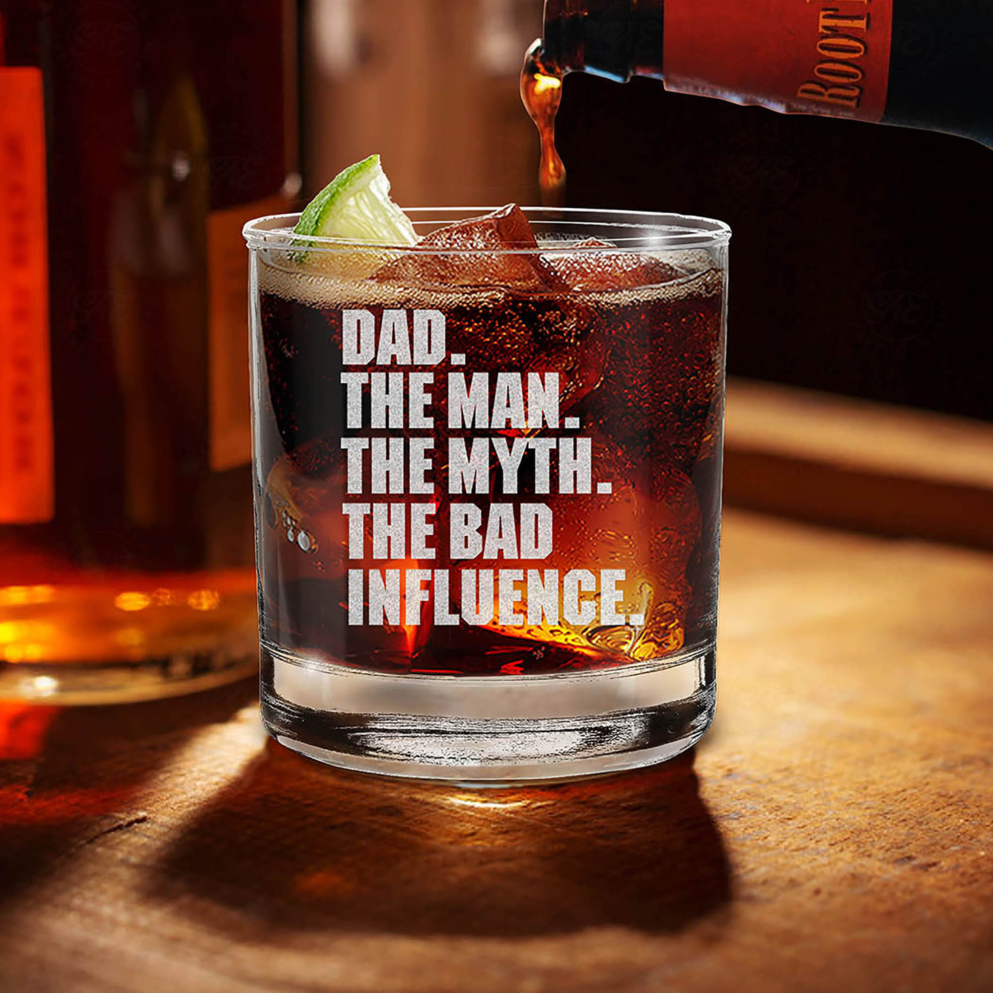 Dad. The Man. The Myth. The Bad Influence. Engraved Whiskey Glass Funny Father's Day Gift Glass For Dad Promoted to Daddy New Dad