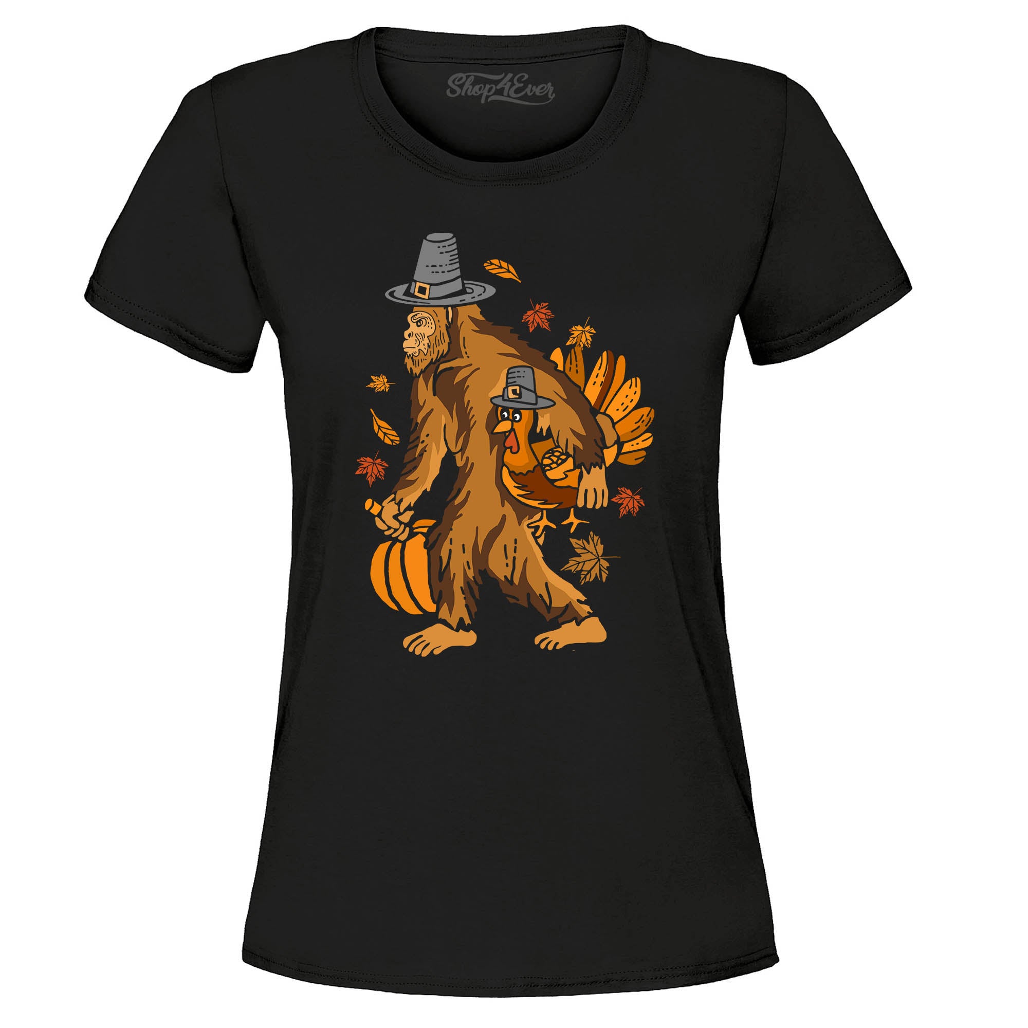 Bigfoot Pilgrim Turkey Pumpkin Thanksgiving Sasquatch Women's T-Shirt