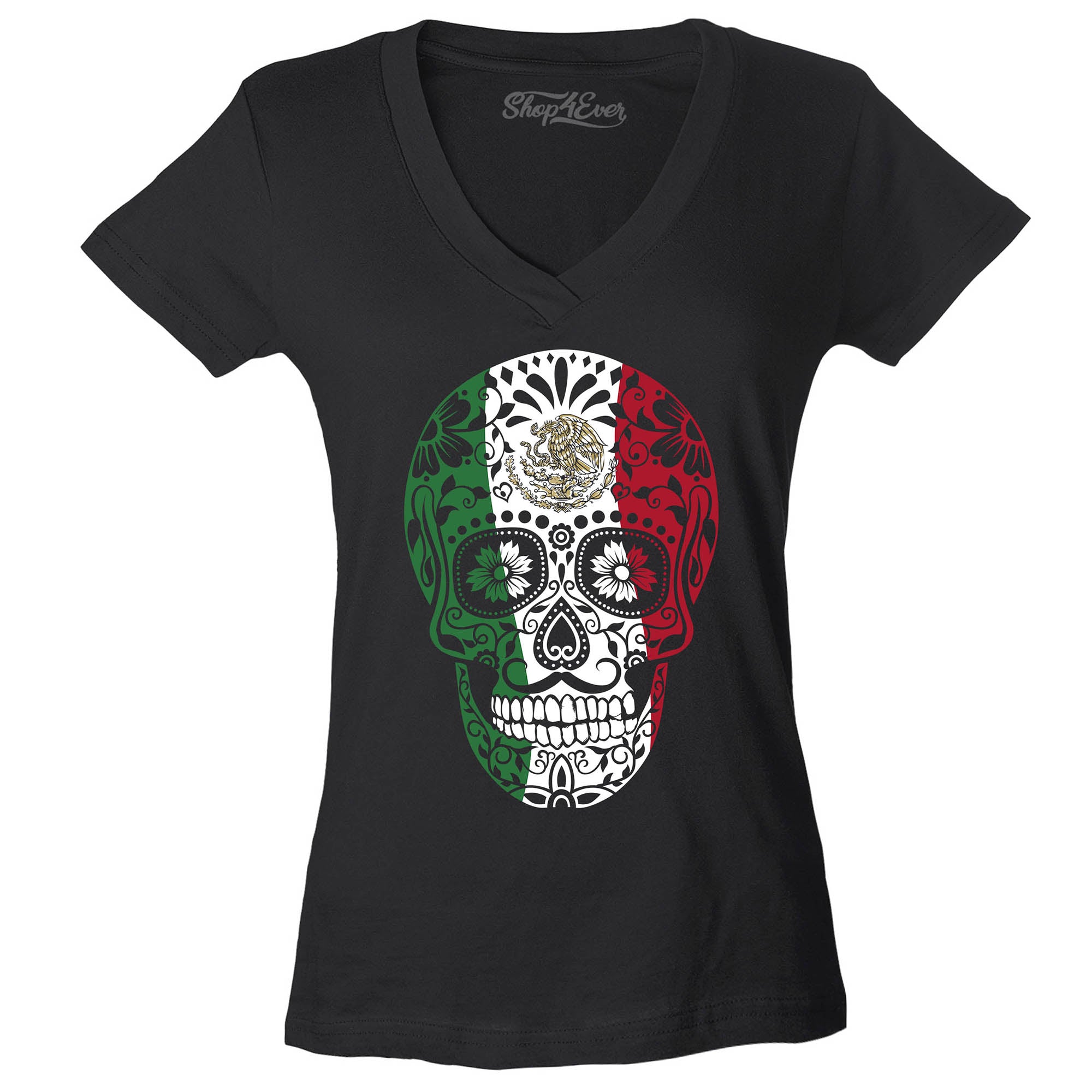 Mexican Flag Day of The Dead Skull Women's V-Neck T-Shirt Slim Fit