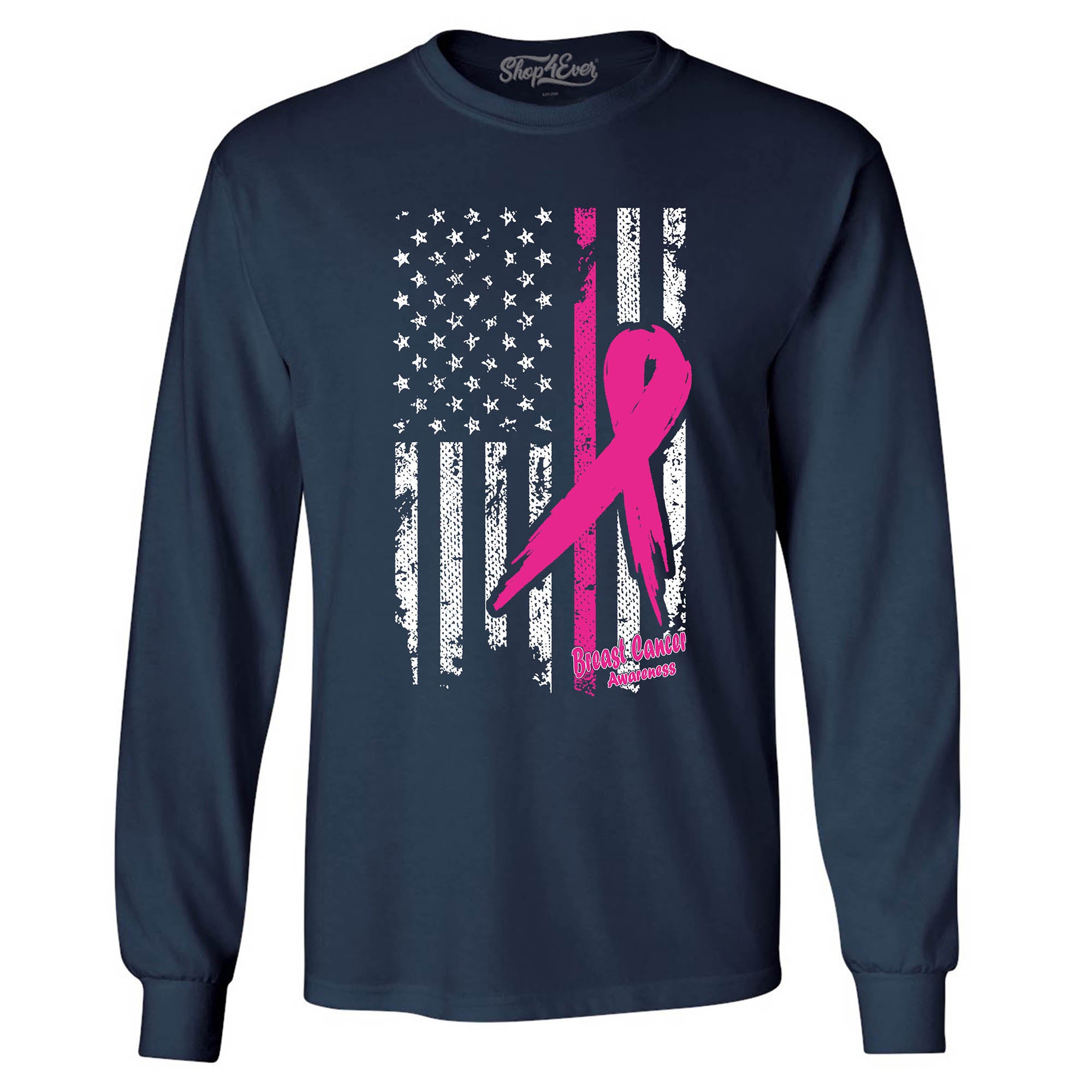 Pink Breast Cancer Ribbon American Flag Men's Long Sleeve Shirt