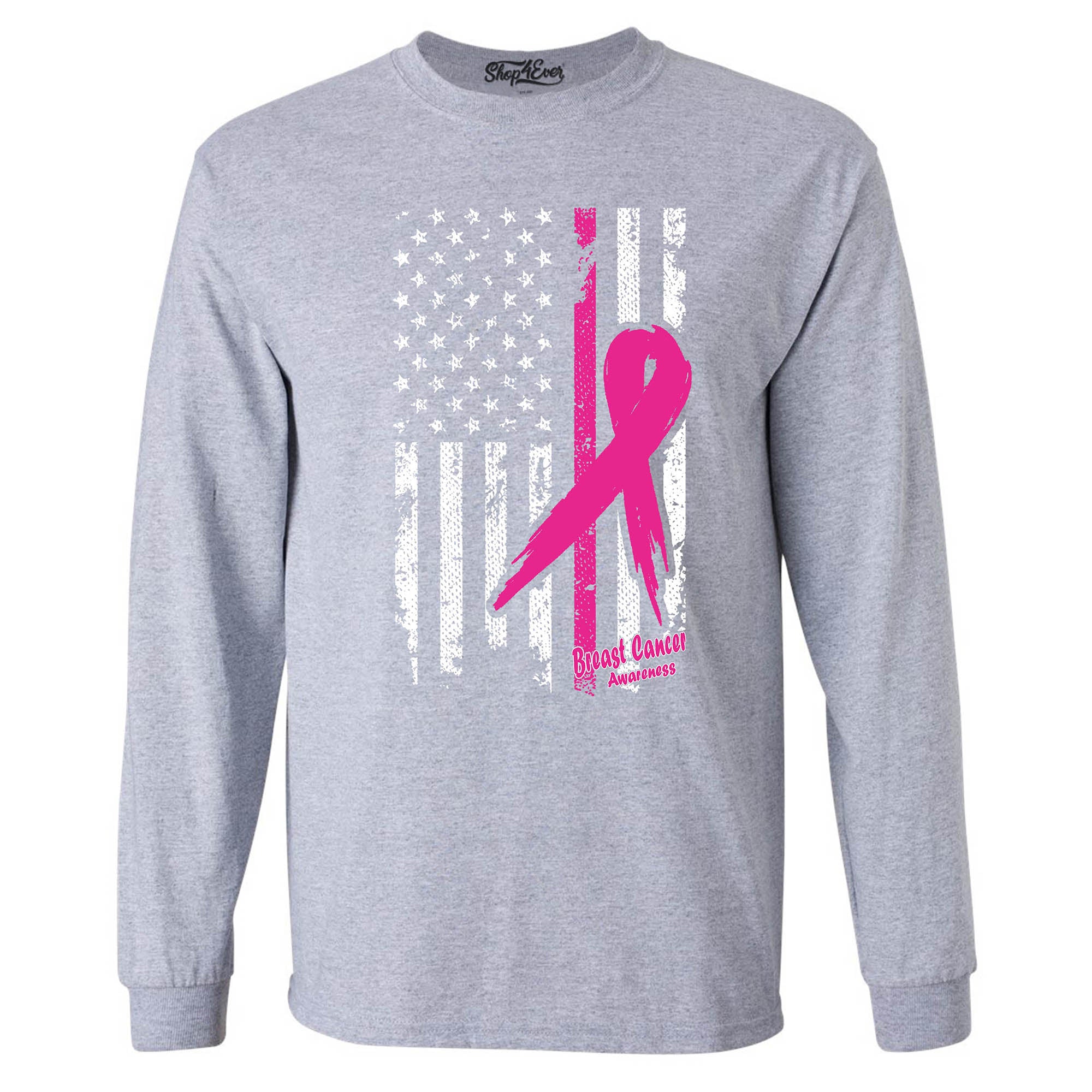 Pink Breast Cancer Ribbon American Flag Men's Long Sleeve Shirt